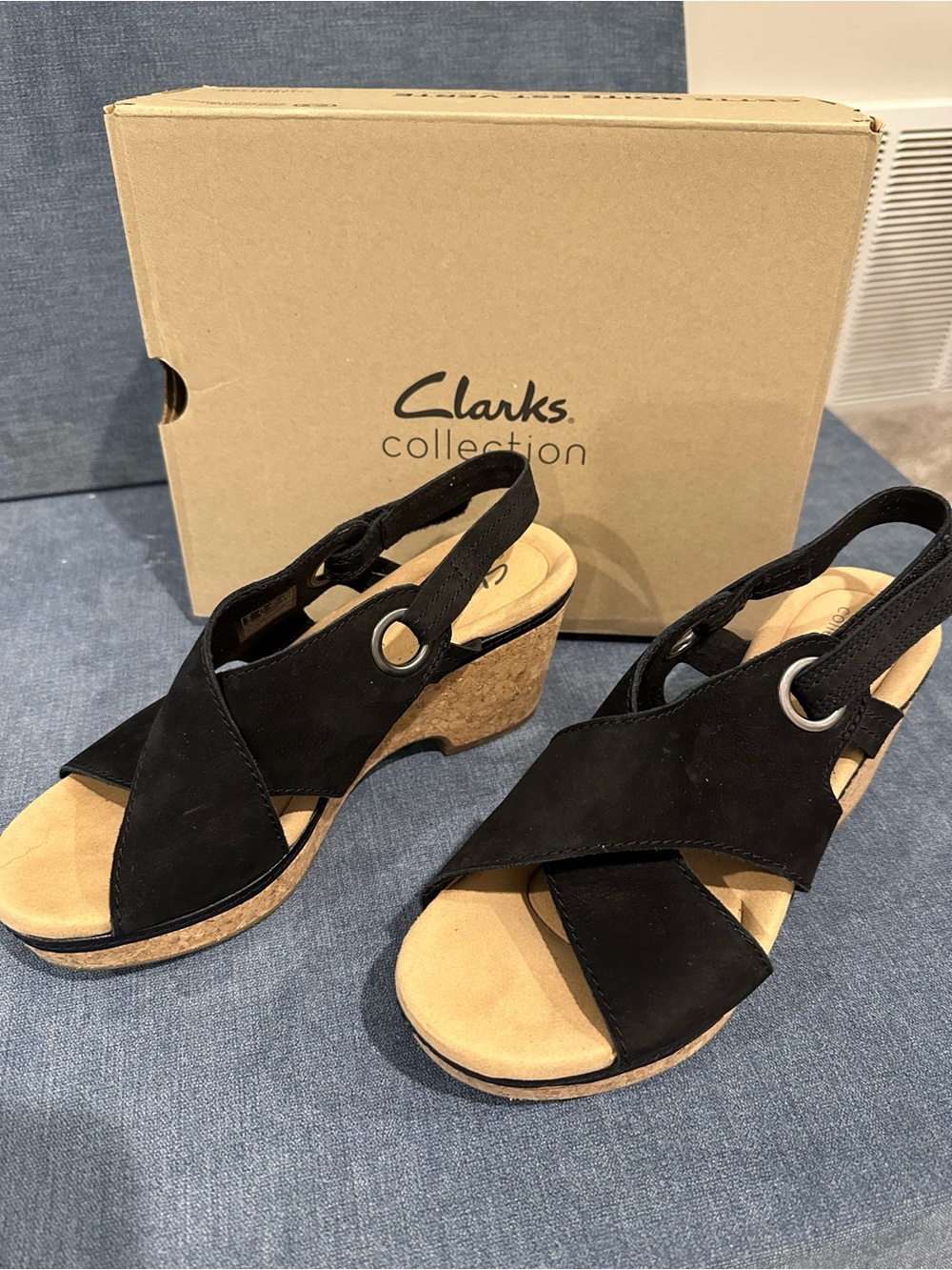 Clarks Black Suede Cork Wedge Slingback Sandals